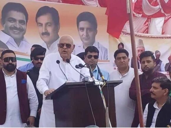 JKNC President Dr Farooq Abdullah addresses a workers convention in Katra.