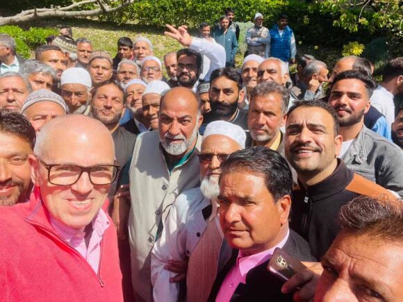 Party officials and supporters gathered at the residence of JKNC President Dr. Farooq Abdullah