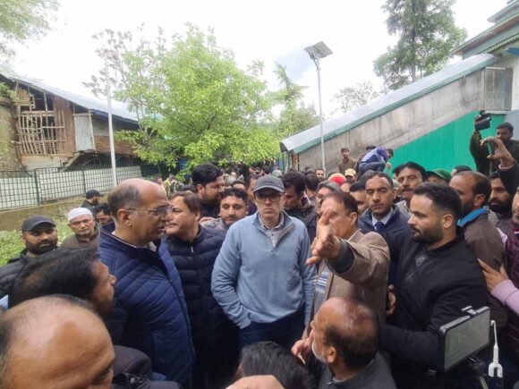 Visuals of JKNC VP Omar Abdullah touring flood affected areas of District Kupwara.