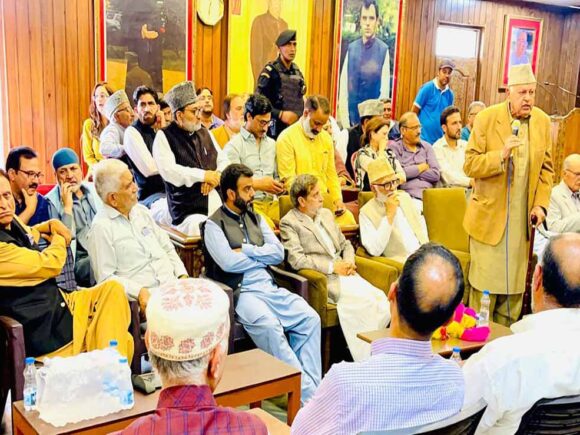 Dr. Farooq Abdullah presides over a congratulatory meeting at Nawa i SubhaLeads party functionaries in congratulating Aga Syed Ruhullah Mehdi, Mian Altaf Ahmad Larvi 