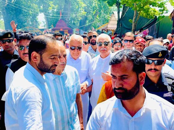 Dr. Farooq Abdullah visits Ganderbal, greets people on Mela Kheer Bhawani